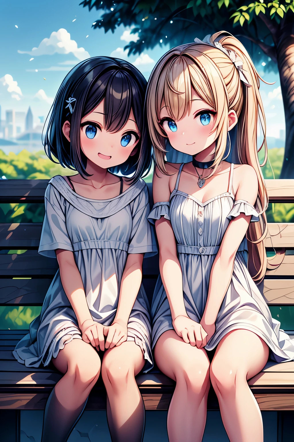 2 girls, sitting on a park bench, Sit and eat ice cream, とてもlol顔, Open your mouth, close ~ eye, lol, noon, Bright sky, masterpiece, 超High resolutionと鮮やかな色彩にこだわった, Very detailed, Attention to detail, Highest quality, 8k, 16K, Exquisite detail, A style that combines romanticism and realism, High resolution, Perfect Anatomy, blur background, Bokeh