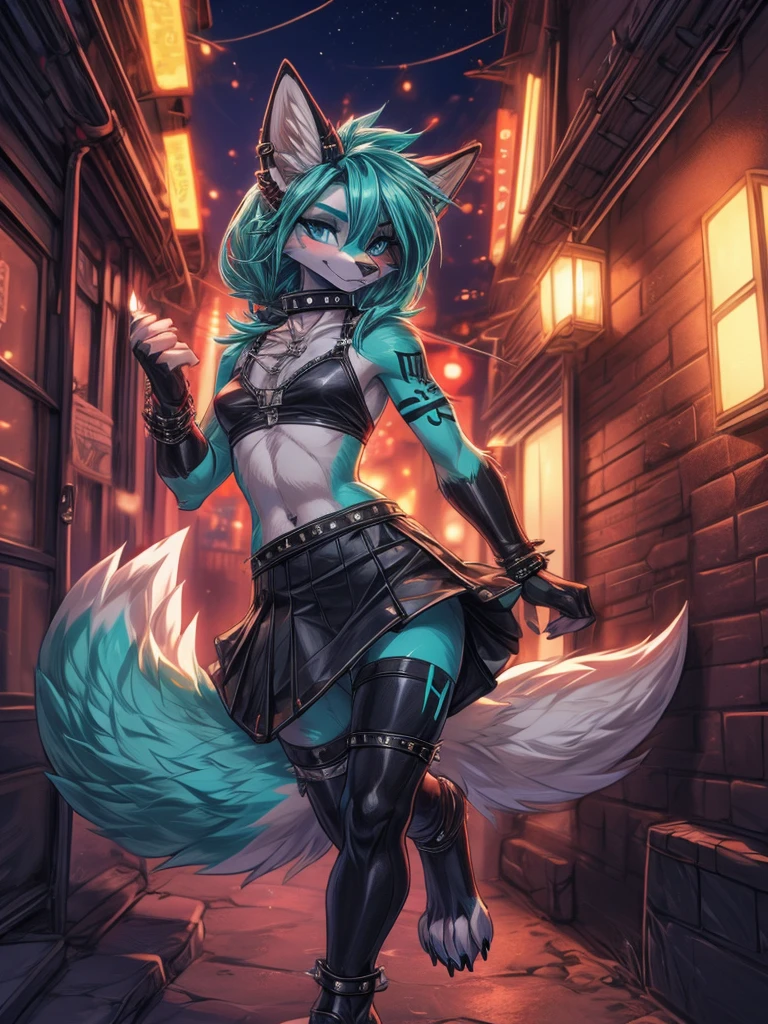 Miku Hatsune horny girl in high definition, blue body hair,kitsune ears, tribal tattoo, pretty girl, 18 year old girl, baby metal girl, short black lycra, skeleton bralette sexual look, In a bed, Full Side Half Body Pose, flirtatious look, you look at your entire body, visible detailed beautiful legs, fox paws, Sharp nails, Wide hips, kicking the viewer, punk add dog collar_detail:1, metal bondage add_detail:1 pulses punk, light tight leg punk skirt, studded galda, support the skeleton, Lovely girl, flicker, sending a kiss wishing happy birthday, ears with silver earrings, intense aqua blue eyes, the best 4k definition, night life, , in a city alley for a , sensual nude, sensual pose add_detail
