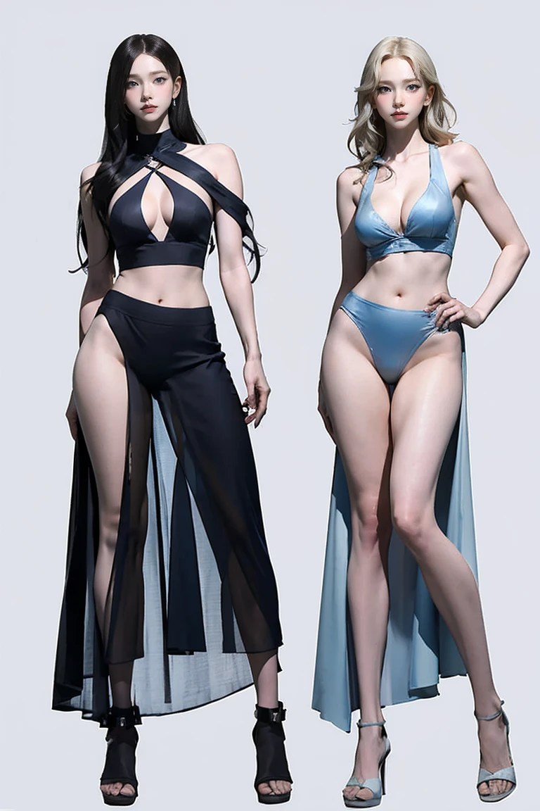 Master of animation, A perfect masterpiece, On a pure white background、Dressed in cool, sexy and modern clothes、Sexy mature modern woman standing, Flowing silver hair, Full Body Stand Posture, Thin legs, Large Breasts, Detailed facial details, Natural and beautiful standing posture, Crisp and realistic body detail,(NSFW:0.5)