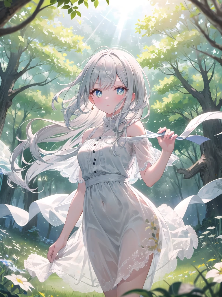 ((8k, best quality, master piece: 1.3)),super high resolution,(1 girl, solo), (colorshift eyes, hyperdetailed, expressive sparkling, glitter, glowing eyes), ultra detailed eyes, ultra-detailed face, random hair, ((pastel color)),A silver-haired woman is communicating with spirits in a magical meadow. She is wearing a linen dress embroidered with green and white, and in the background is a vast meadow and floating spirits. The dress flutters in the wind, soft enough to become one with the meadow. She holds out her hand to the spirits, and her silver ring shines, reflecting the sunlight. Magical light emanates from her hand, resonating with the spirits. Her long wavy silver hair dances in the wind, and her lustrous, translucent skin shines in the sunlight. Her eyes are shining green, and her eyes, filled with magical power, show her bond with the spirits. Her elegant and mysterious figure is fantastical, and is depicted in harmony with the meadow in the background.A serene scene with sunbeams filtering through a canopy of trees. The light creates beautiful rays that pierce through the leaves, casting dappled shadows on the ground. The atmosphere is calm and tranquil, with the sunlight adding warmth and a sense of peace to the image.