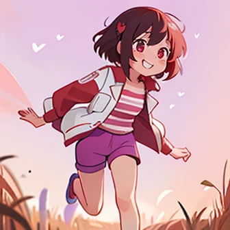 Full body shot of a girl,Height: 90cm,Sprint through the fields,(Grin,Brownish black hair,Medium Hair,Red heart hair ornament),(White jacket with rolled up sleeves and purple and red heart pattern,white and pink striped shirt,Purple shorts),Clear afternoon sky,