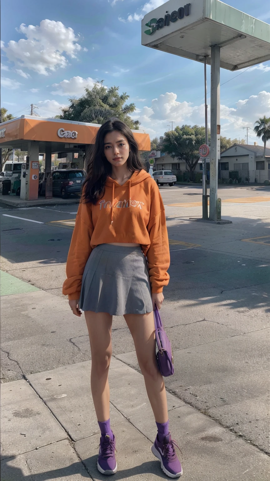 (medium shot portrait) of cute 23 yo girl ,wear ((orange color oversized_hoodie)), wear ((purple tennis skirt)),looking front,Best Quality,Masterpiece,Ultra High Resolution,(Realisticity:1.4),Original Photo, 1Girl, light leak,ultra high resolution,UHD,beautiful, (black straight hair), almond eye, no makeup, in front of ((80's gas station green color)), (realistic:1.2), (surreal:1.3), (very detailed:1.1), ((masterpiece)),summer, blue sky, palm trees,sunny, los angles vibes,film camera, 800mm lens,