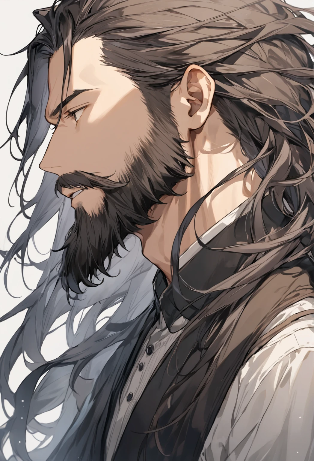 boy in profile, beard, looking down, have long hair, open mouth