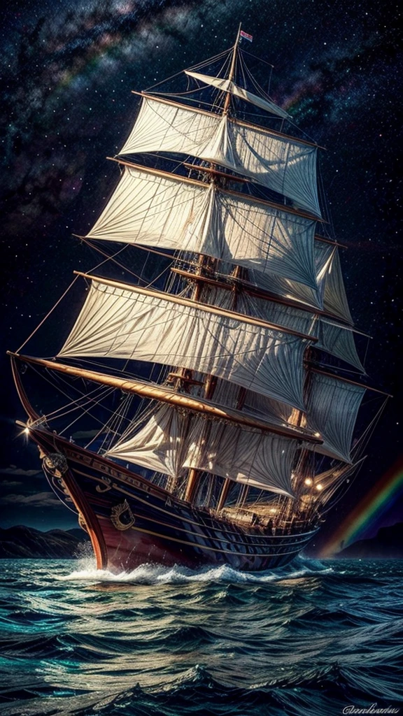 Portuguese caravel sailing in the rainbow sea across the galaxy