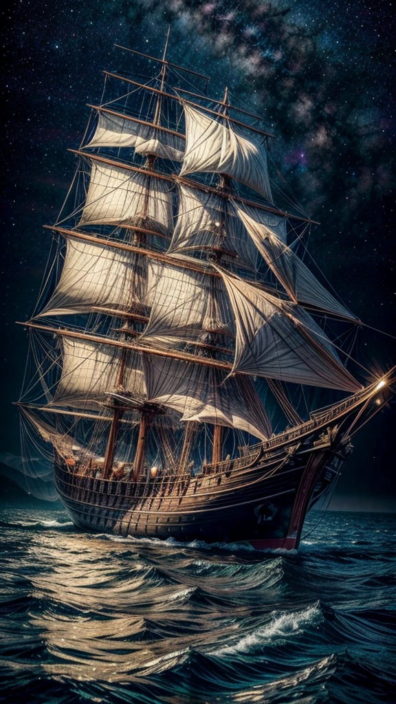 Portuguese caravel sailing in the rainbow sea across the galaxy