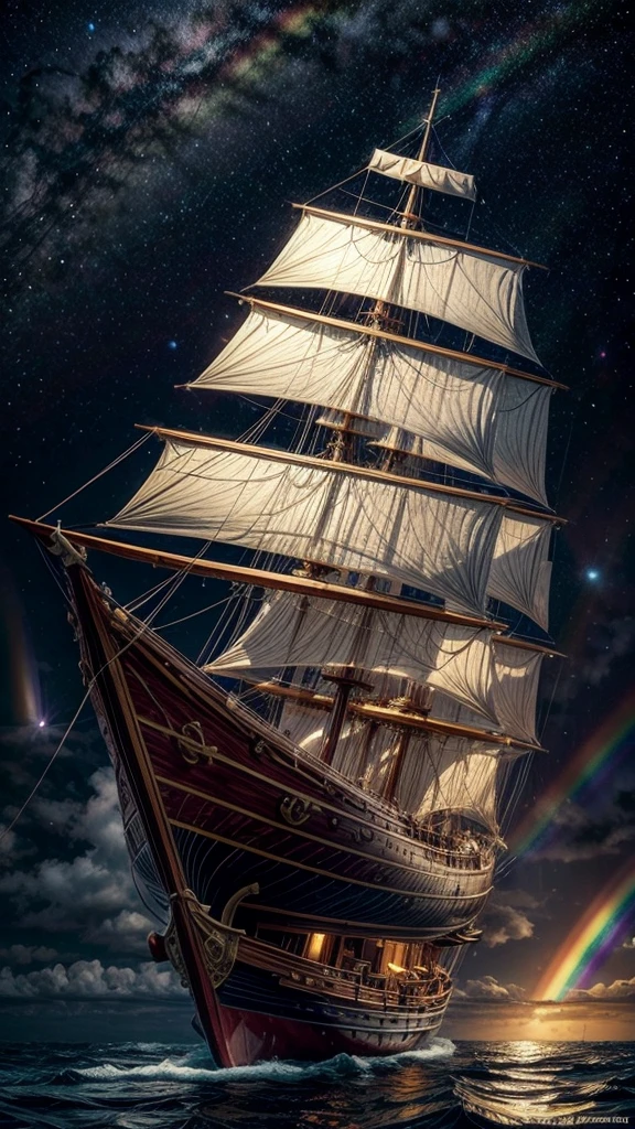 Portuguese caravel sailing in the rainbow sea across the galaxy