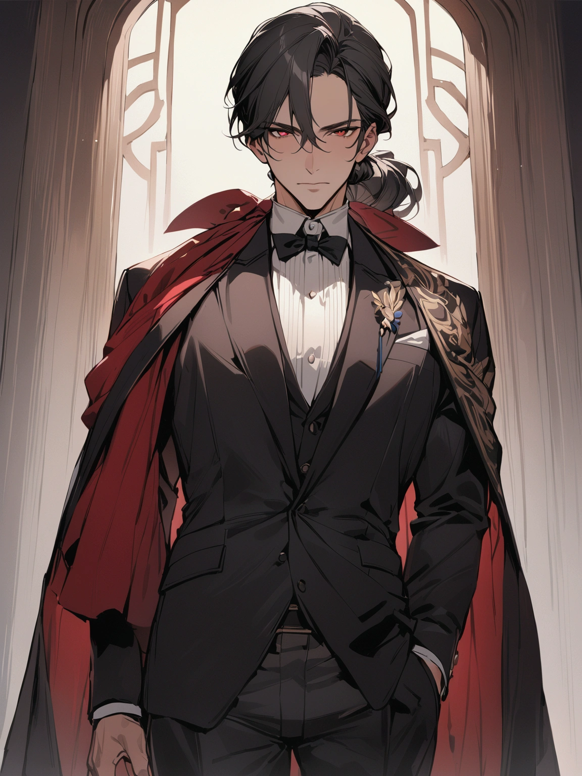 ((masterpiece)), ((best quality)), (from front,facing front:1.39), (half-body shot:1.4), 1man, adult male, mature male, solo, ponytail tied long black hair, red eyes, royal black cloak covering the body, looking at viewers