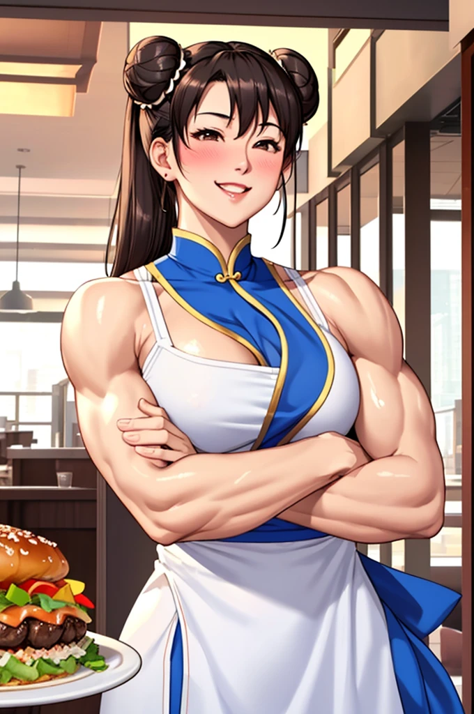 chun-li, ripped muscle, muscular body, pale skin, smile(blush), sundress, sixpack abs, [ultra detailed skin:1.2], double bun, 8k uhd, pussy, stand, restaurant,