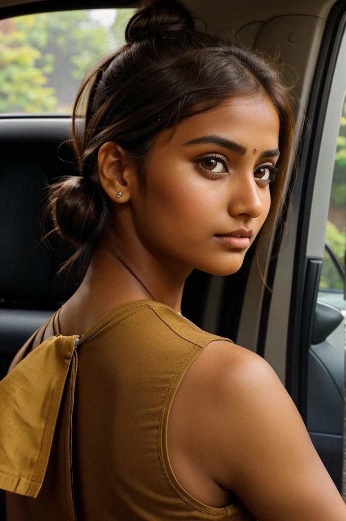 A indian girl with golden brown hair tied in bun and with brown eyes seeing outside the car window