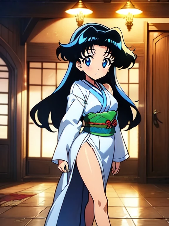 Anime high school girl, wear a sexy kimono, short kimono, Bare hands, bare back, bare shoulder, to walk, long hair, Light blue hair, look at the viewer, Blue eyes