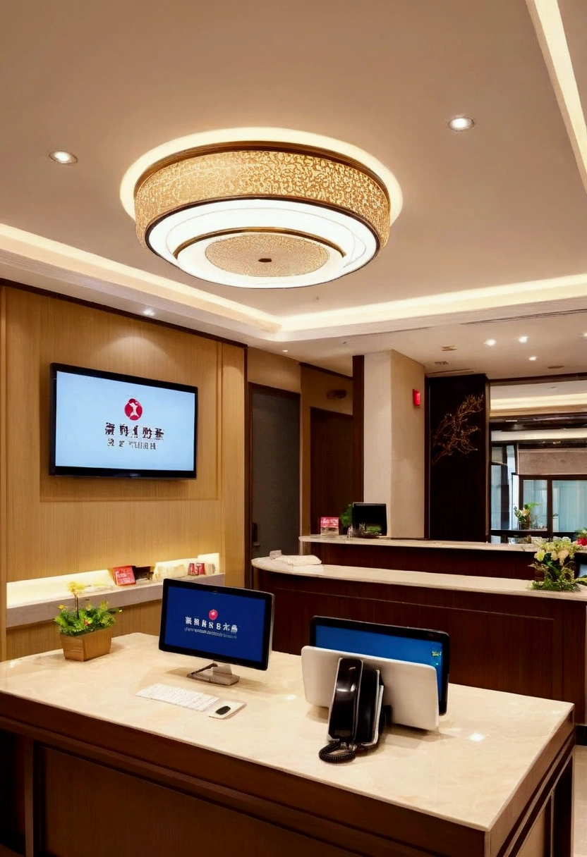 Business hotel front desk。Simple and modern design。On a wooden counter、Computers and phones are neatly arranged。Staff wear formal uniforms、Welcoming customers with a smile。The lobby has comfortable chairs and tables.、Business guests relaxing。The lighting is bright and functional.、Overall it is clean。