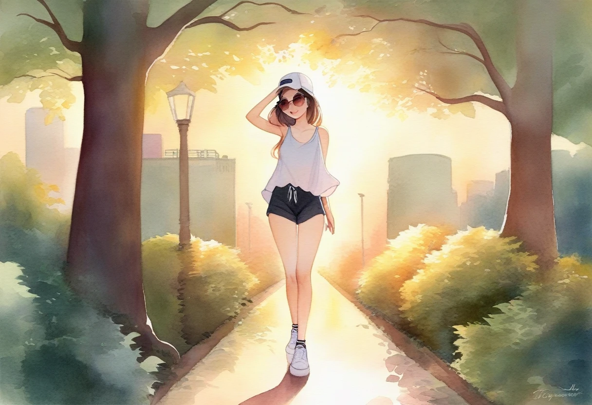A stunning watercolor painting depicting a young playfull lady wearing Ray-Ban glasses, white cap, loose-fitting white shirt, gray tank top, black short pants, and white sneaker shoes. She is standing under a big trees at city garden during late sunset. The sun's rays filter through the leafes, casting a warm, golden light that highlights her delicate figure and exposure her toned body as perfect slender silhouette. The image portrays her playfull and attractive in what ever she doing, capturing the essence of beauty and playfull lady.