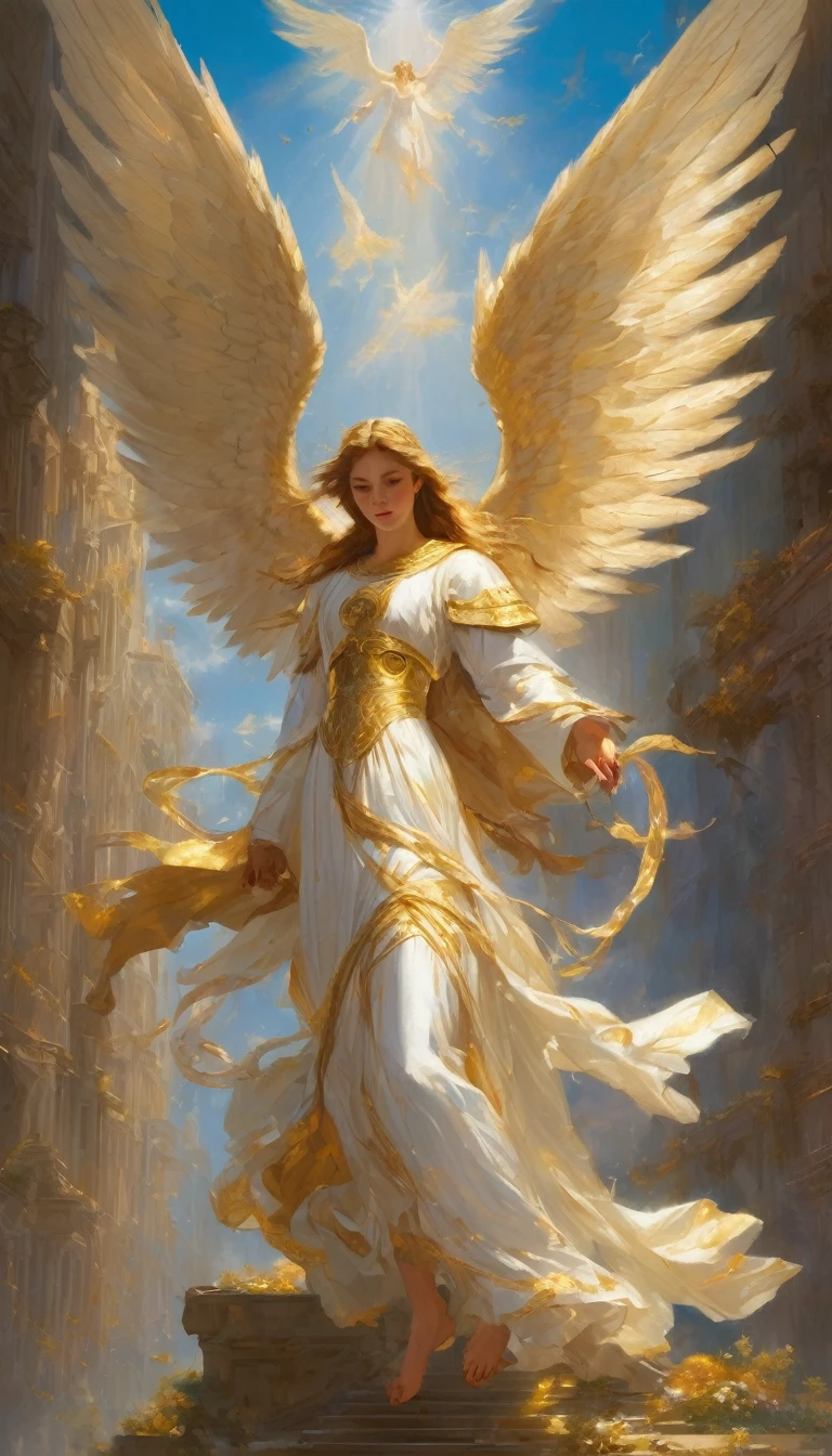 "A majestic and imposing male angel with large, radiant wings is depicted in a dramatic scene where he is saving a small girl. The angel, clad in luminous armor and with a determined expression on his face, is holding the girl in his arms. The girl, with a look of awe and relief, is dressed in simple clothing. The background features a chaotic landscape that highlights the angel's heroic intervention, with intricate details and lighting that emphasize the texture of the wings and the emotions on both characters' faces."