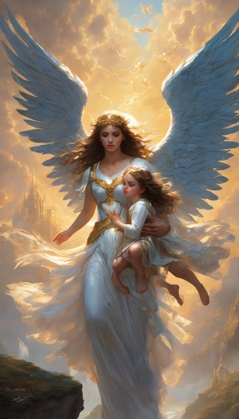 "A majestic and imposing male angel with large, radiant wings is depicted in a dramatic scene where he is saving a girl. The angel, clad in luminous armor and with a determined expression on his face, is holding the girl in his arms. The girl, with a look of awe and relief, is dressed in simple clothing. The background features a chaotic landscape that highlights the angel's heroic intervention, with intricate details and lighting that emphasize the texture of the wings and the emotions on both characters' faces."