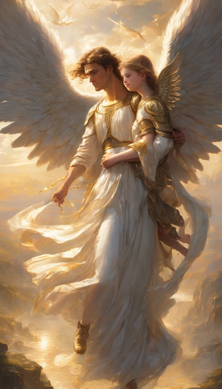 "A majestic and imposing male angel with large, radiant wings is depicted in a dramatic scene where he is saving a small girl. The angel, clad in luminous armor and with a determined expression on his face, is holding the girl in his arms. The girl, with a look of awe and relief, is dressed in simple clothing. The background features a chaotic landscape that highlights the angel's heroic intervention, with intricate details and lighting that emphasize the texture of the wings and the emotions on both characters' faces."