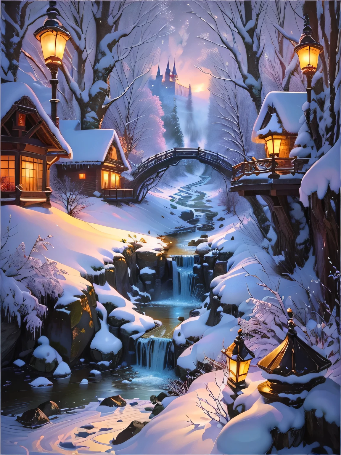 A painting of a fairytale castle and stream in the snow, enchanted Magical Fantasy Jungle, magic fairy tale forest, Comfortable and charming scene, Magical Fantasy Jungle, Enchanted Forest, magic fairyland, Magical scenery, Fairytale Forest, Wonderland Forest, Wonderland Forest, Magical environment, Winter scene fantasy, Very magical and dreamy, Magical fairy tale background, Whimsical Fantasy Landscape Art Wonderland Forest Wonderland Forest