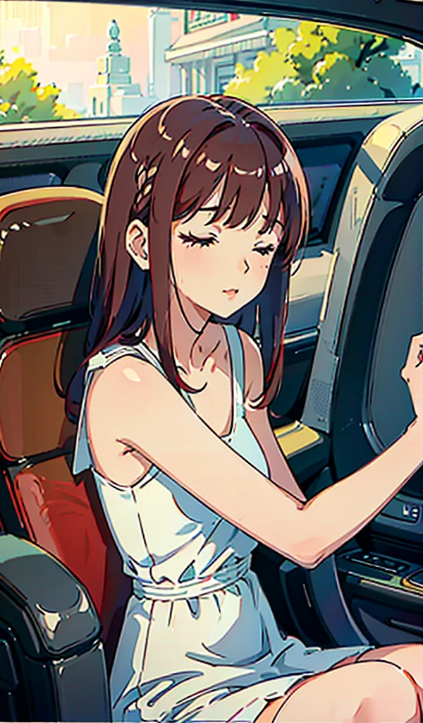 A pretty woman around 25 years old、Half-up hairstyle for medium-length hair with bangs、Has red hair。Although she has a slender figure、My breasts are a little large。She is wearing a white short-skirt dress、Wearing white high heels。
She sat slumped in the back seat of the car.、I weakly turned my face up and rested my head on the headrest.、Eyes closed, mouth open、Sleeping soundly as if unconscious。The whole body is relaxed、He is sleeping with his knees spread apart and in a sloppy manner.。Overall image from head to toe, viewed from directly below