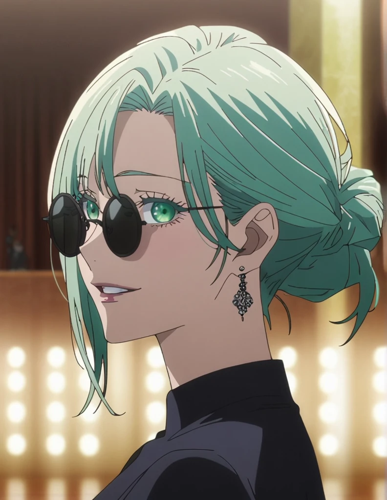 1girl, female gojo satoru, anime screencap from jujutsu kaisen, gojo satoru female version, solo, long_Green hair, hair strands, hair bun, (black round sunglasses), Green Eyes, parted_lips, smiling, earings, looking_at_viewer, perfect background, indoors, side view, white_hair, bangs, eyelashes, (prom night outfit), hair_between_eyes, floating hair, (hair strands), party hall,