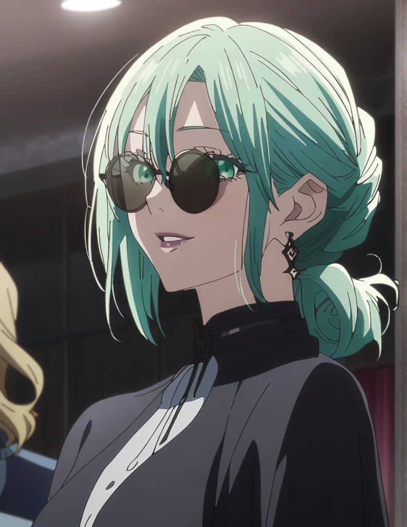 1girl, female gojo satoru, anime screencap from jujutsu kaisen, gojo satoru female version, solo, long_Green hair, hair strands, hair bun, (black round sunglasses), Green Eyes, parted_lips, smiling, earings, looking_at_viewer, perfect background, indoors, side view, white_hair, bangs, eyelashes, (prom night outfit), hair_between_eyes, floating hair, (hair strands), party hall,