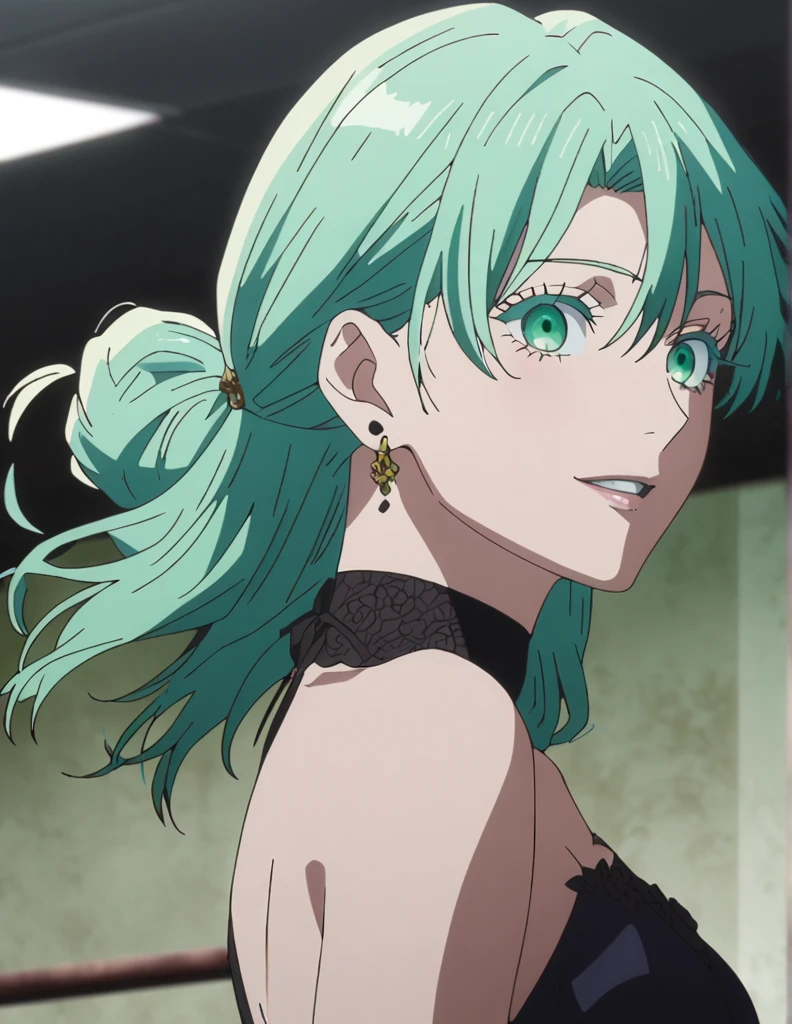 1girl, female gojo satoru, anime screencap from jujutsu kaisen, gojo satoru female version, solo, long_Green hair, hair strands, hair bun, (black round sunglasses), Green Eyes, parted_lips, smiling, earings, looking_at_viewer, perfect background, indoors, side view, white_hair, bangs, eyelashes, (prom night outfit), hair_between_eyes, floating hair, (hair strands), party hall,