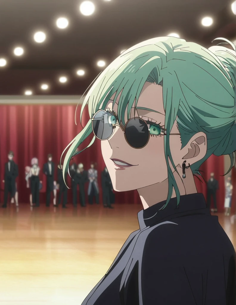 1girl, female gojo satoru, anime screencap from jujutsu kaisen, gojo satoru female version, solo, long_Green hair, hair strands, hair bun, (black round sunglasses), Green Eyes, parted_lips, smiling, earings, looking_at_viewer, perfect background, indoors, side view, white_hair, bangs, eyelashes, (prom night outfit), hair_between_eyes, floating hair, (hair strands), party hall,
