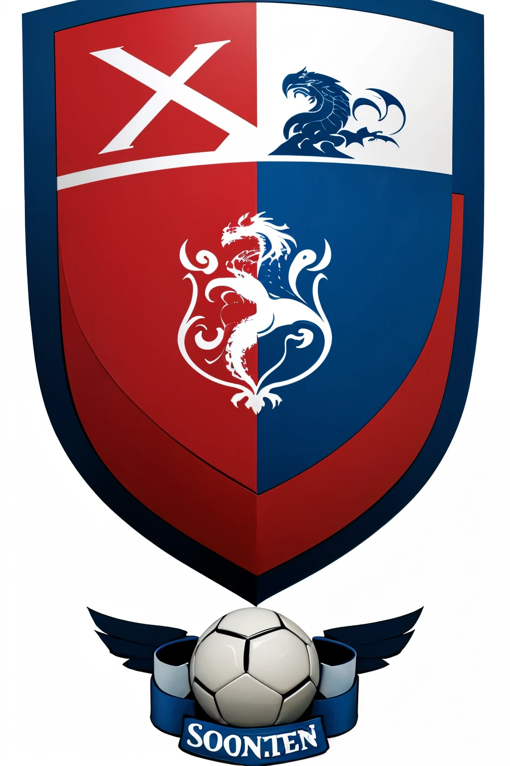 A soccer shield.the logo is blue and red,it has fcsnd written, has a dragon and eagle,the background is white converted to png
