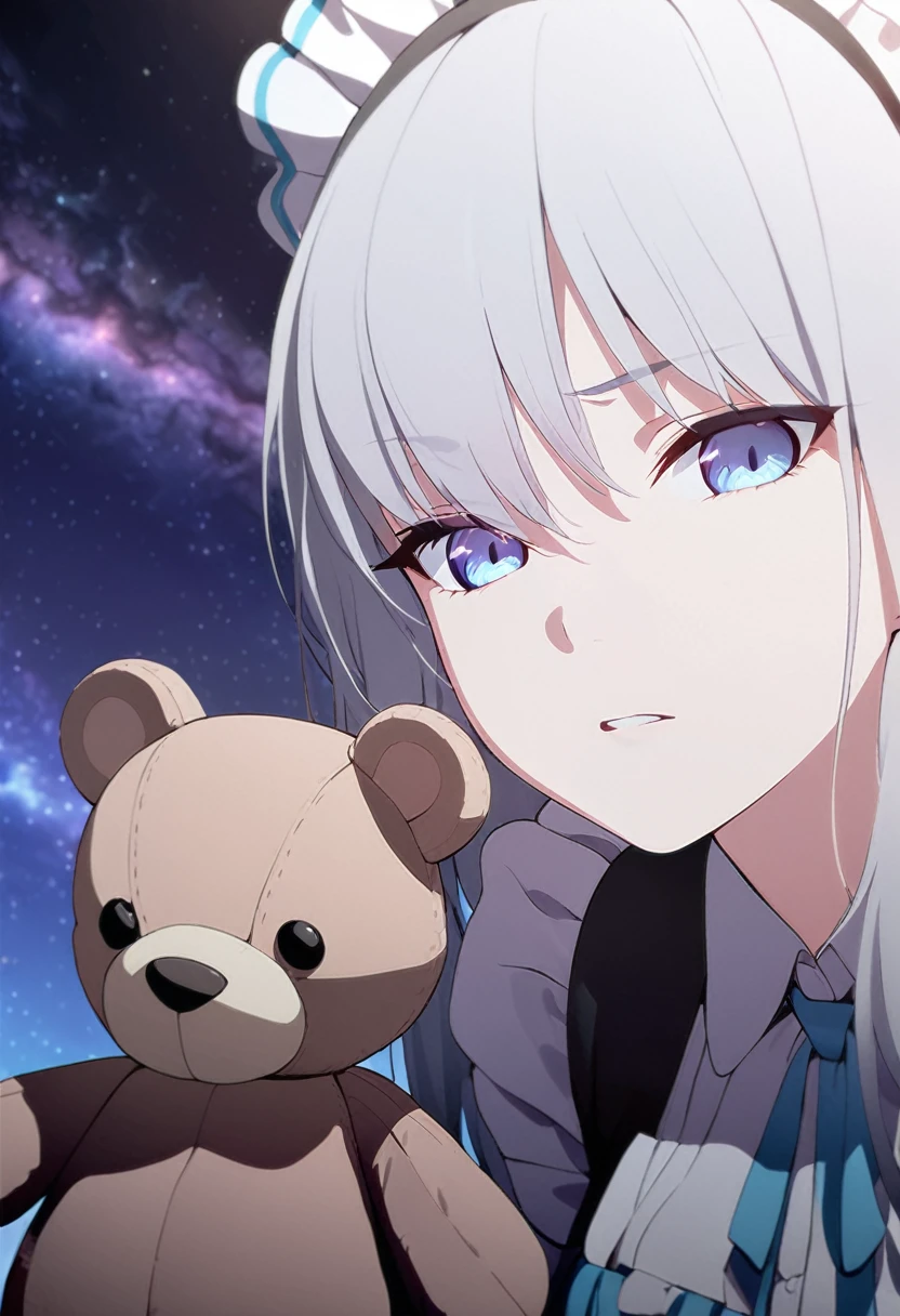 (((masterpiece))), (((best quality))),(((high detail))),light manipulation, girl with long silver hair, gradient purple to sky blue eyes, wearing a maid outfit, galaxy background, holding a teddy bear, feet, no footwear, straight face, standing, close up