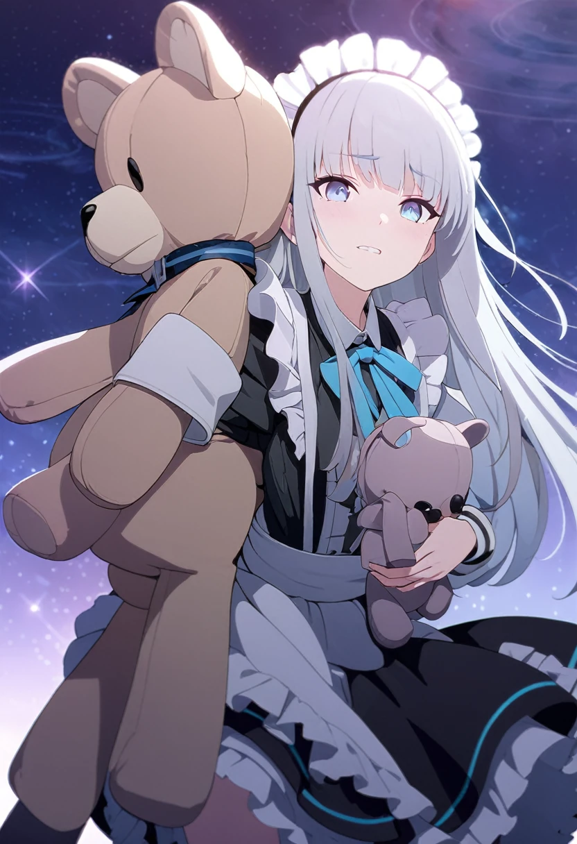 (((masterpiece))), (((best quality))),(((high detail))),light manipulation, girl with long silver hair, gradient purple to sky blue eyes, wearing a maid outfit, galaxy background, holding a teddy bear, feet, no footwear, straight face, standing, close up