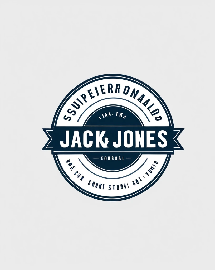 Create logo format circular, Com ("superior standard text:1.6") e ("Jack&Jones text:1.9") no centro. 