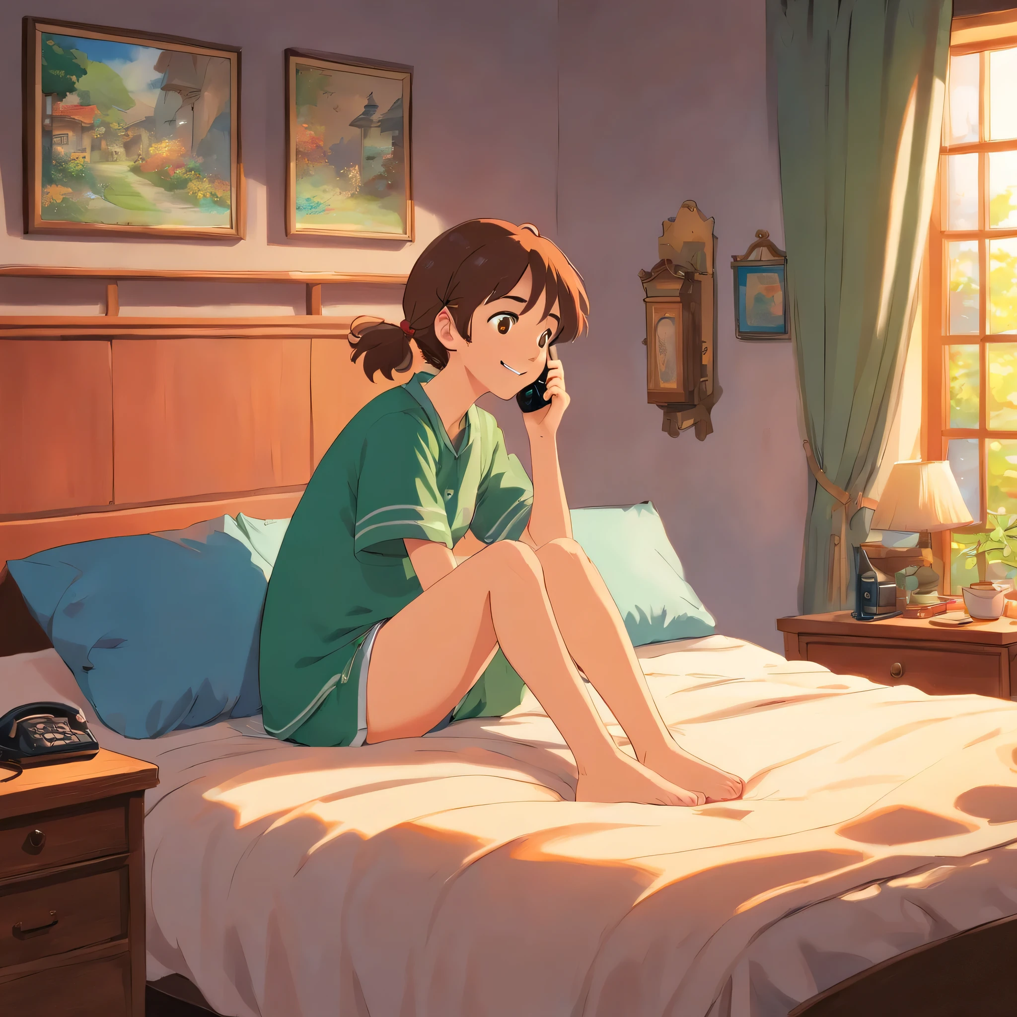 A 22 year old girl talking to her boyfriend on a phone call in her room sitting on her bed and looking happy