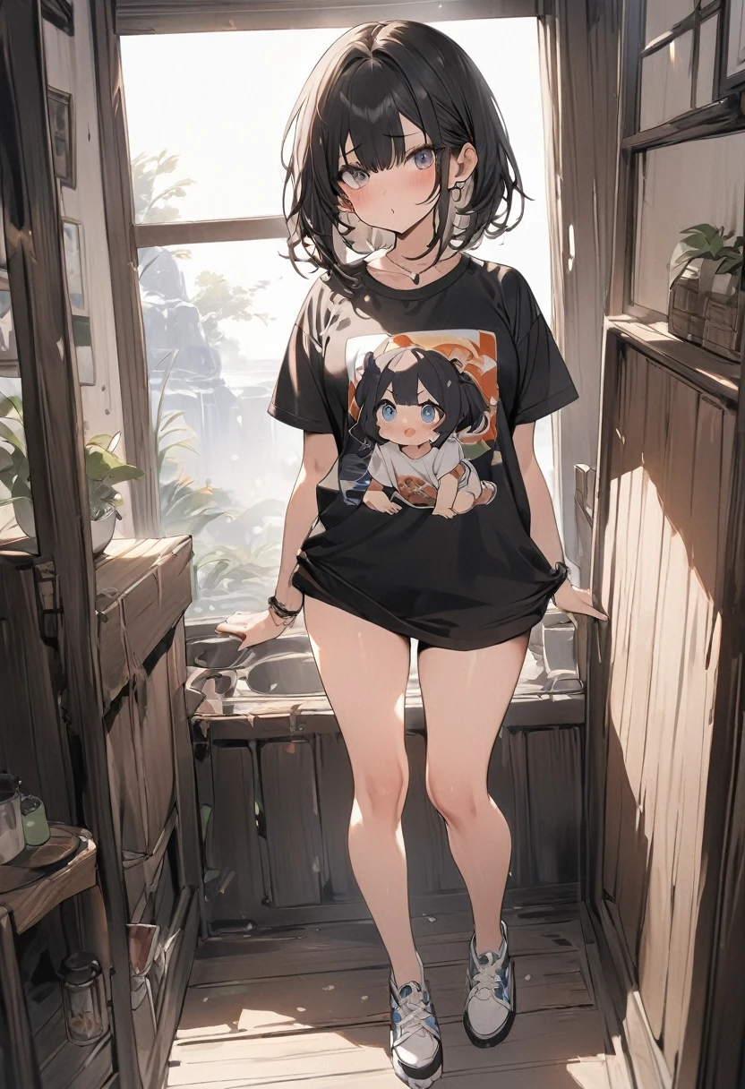Full body, one dowdy t-shirt, masterpiece, hot look, 8K picture quality, black hair pout, cute eyes like Japanese anime.