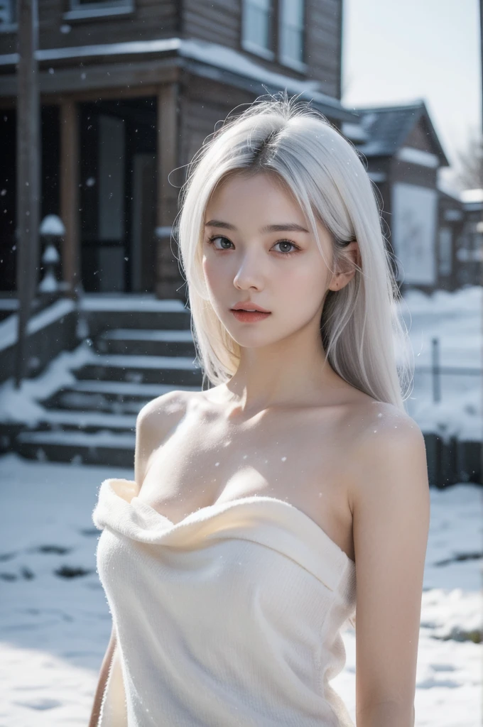 (realistic), (hyperrealism),best quality, masterpiece,ultra high res, (photorealistic:1.4),1girl,pale skin,skinny,(looking at viewer),bare shoulder, (white hair,) snowing outdoor, looking at viewer,
upper body,