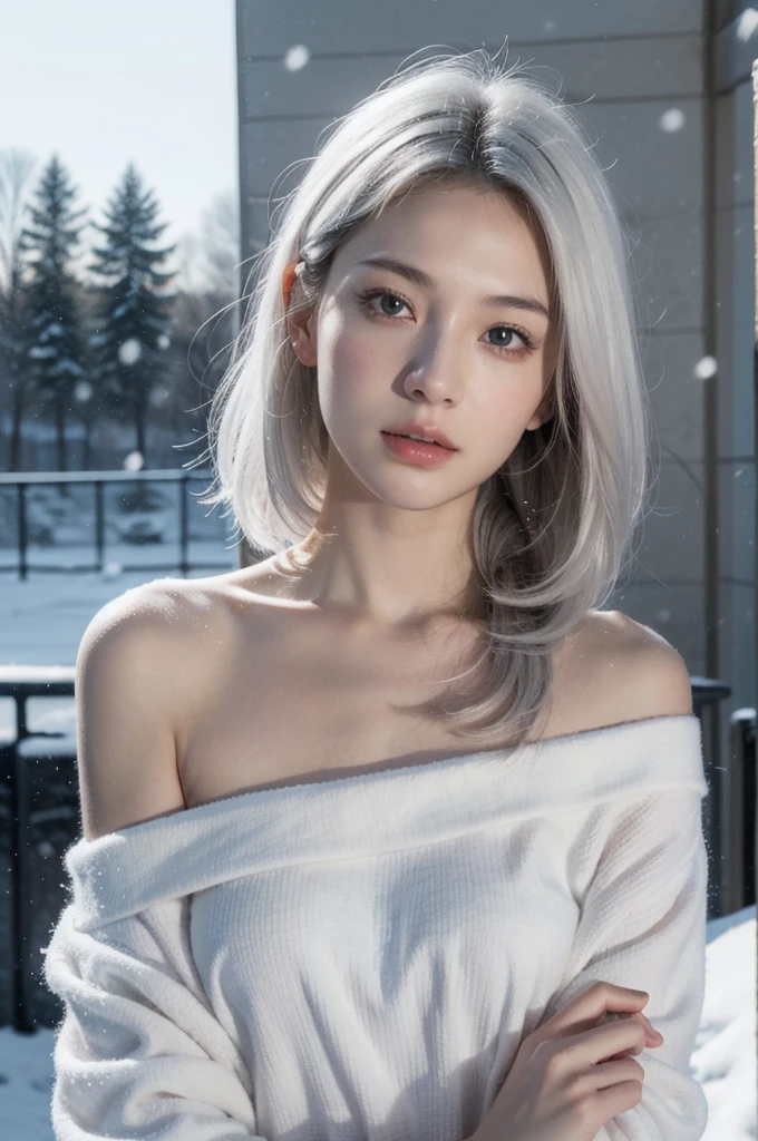 (realistic), (hyperrealism),best quality, masterpiece,ultra high res, (photorealistic:1.4),1girl,pale skin,skinny,(looking at viewer),bare shoulder, (white hair,) snowing outdoor, looking at viewer,
upper body,