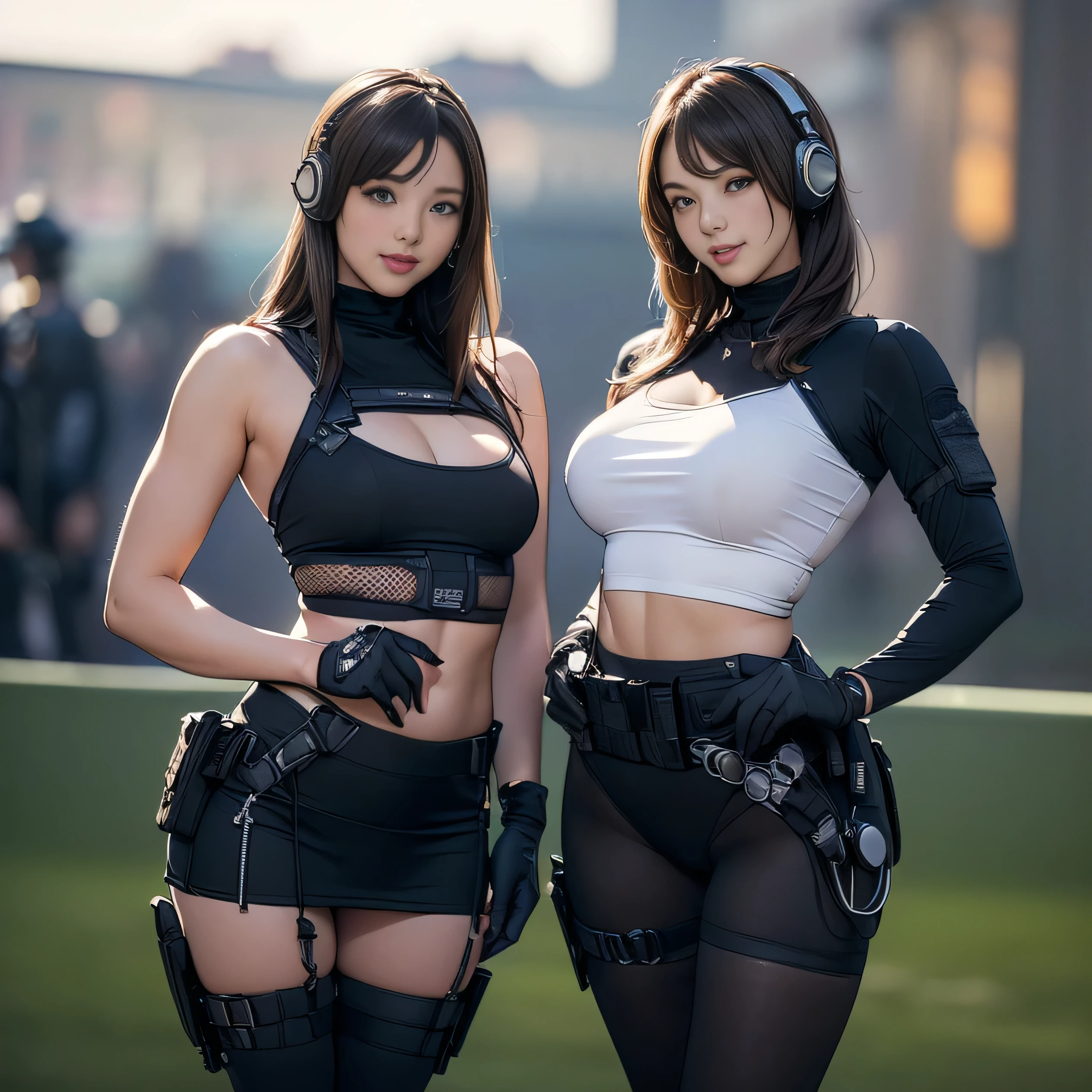 (Two Women),(((Women standing side by side:1.5))),((Black tactical tights:1.5)),((Black headphones:1.5)),((Black Tactical Holster:1.5)),(Black Gloves:1.5),((Wearing the same:1.5)),(Smile:1.5),(beautiful eyes:1.3),(Very detailedな顔:1.5),((Very detailed drawing of a female hand:1.5)),((muscular:1.5)),(Sexy appearance:1.5),((Thick thighs:1.5)),(Beautiful Body:1.5),((Very sensual:1.5)),(Background is the city:1.5),(((Blurred Background:1.5))),(Written border depth:1.5),rest(((masterpiece:1.5),(best quality:1.5),(Very detailed:1.5),(high resolution:1.5),(Practical:1.5),(Practical:1.5),(Delicate depiction),(Carefully drawn))),8k,wallpaper