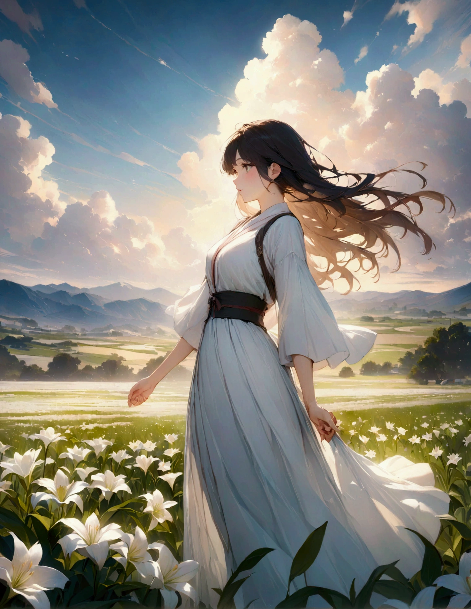 (masterpiece:1.3),(最high quality:1.4),(Very detailedな:1.5),High resolution,Very detailed,8k,artwork,High level of detail,rendering,high quality,Wide range of colors,A cinematic sight, Breathtakingly beautiful lily fields, 1941 year、(A Japanese manga depicting a couple holding hands while admiring a flower field),1941 year代の和服、 Windに舞うユリの花びら、Sunlight、Wind