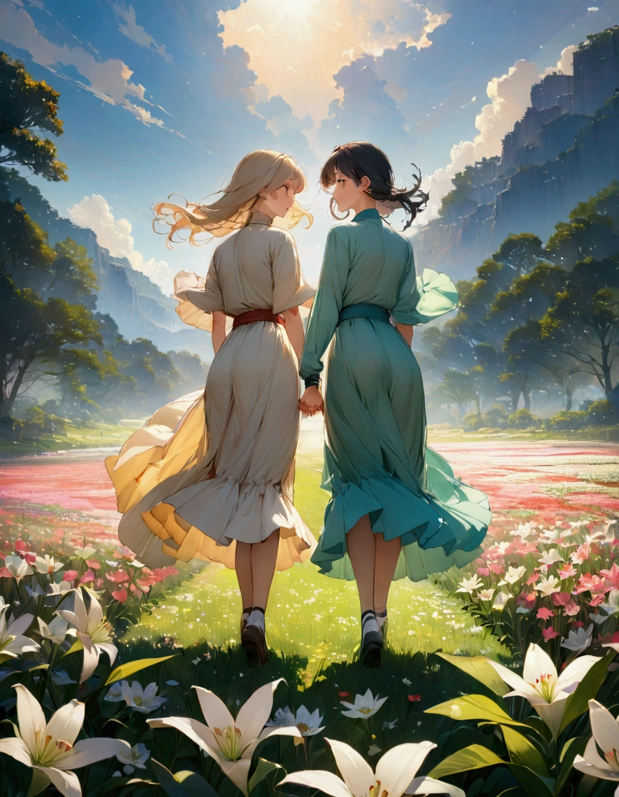 (masterpiece:1.3),(最high quality:1.4),(Very detailedな:1.5),High resolution,Very detailed,8k,artwork,High level of detail,rendering,high quality,Wide range of colors,A cinematic sight, Breathtakingly beautiful lily fields, 1941 year、(A Japanese manga depicting a couple holding hands while admiring a flower field),1941 year代の和服、 Windに舞うユリの花びら、Sunlight、Wind