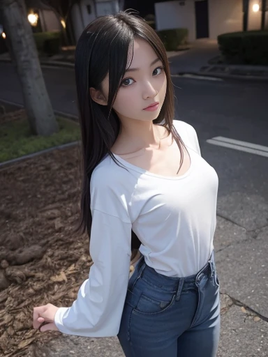Japanese female, a lot of details, (underweight), 30 years old, detailed black hair, beautiful detailed hair, super fucking beautiful, delicate beautiful face, complex details beautiful and delicate eyes, perfect hands, (flat chest best quality:1.5), perfect and delicate limbs, detailed skin, best quality, ultra-detailed, (haunted spot), scared, walking, semi long, (blue long-sleeved t-shirt), (white jeans), japanese, at night, (dark atmosphere), full body shot:1.2, ground-level shot, darkness