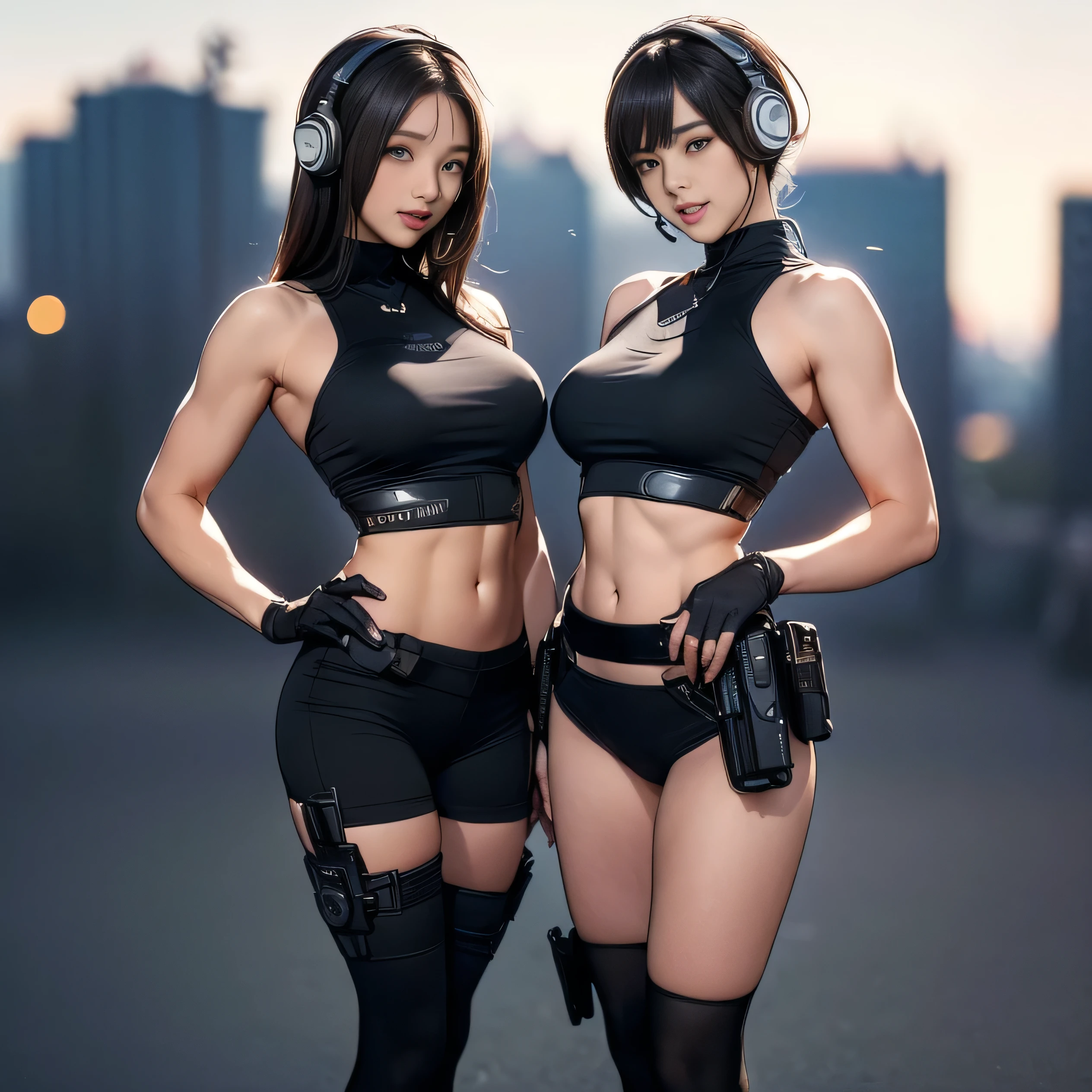 (Two Women),(((Women standing side by side:1.5))),((Black tactical tights:1.5)),((Black headphones:1.5)),((Black Tactical Holster:1.5)),(Black Gloves:1.5),((Wearing the same:1.5)),(Smile:1.5),(beautiful eyes:1.3),(Very detailedな顔:1.5),((Very detailed drawing of a female hand:1.5)),((muscular:1.5)),(Sexy appearance:1.5),((Thick thighs:1.5)),(Beautiful Body:1.5),((Very sensual:1.5)),(Background is the city:1.5),(((Blurred Background:1.5))),(Written border depth:1.5),rest(((masterpiece:1.5),(best quality:1.5),(Very detailed:1.5),(high resolution:1.5),(Practical:1.5),(Practical:1.5),(Delicate depiction),(Carefully drawn))),8k,wallpaper