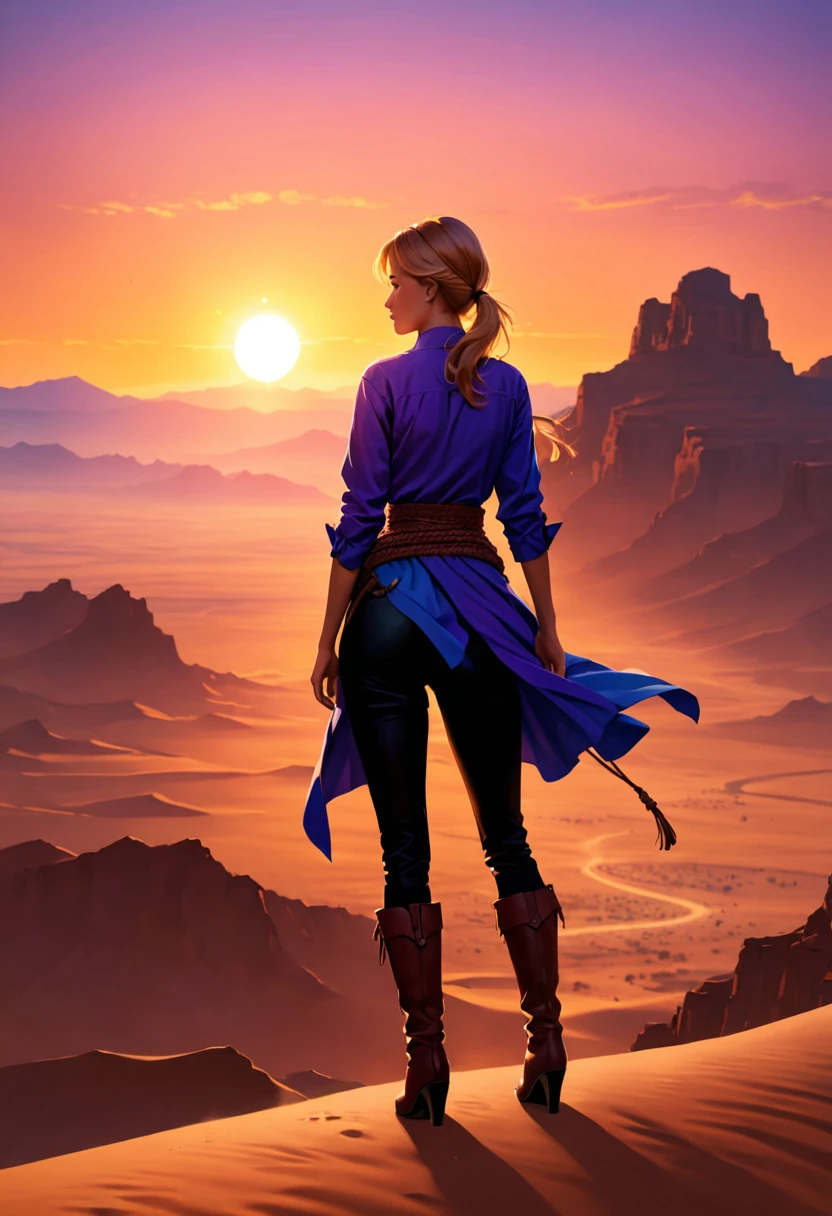 an oil painting of woman cowboy standing on the desert mountain at sunset, watching the desert canyon, an exquisite beautiful woman, most beautiful woman, blond hair, long hair, in a pony tail, ultra detailed face, best detailed face, wearing blue button shirt, dynamic color, small cleavage, wearing black trousers, dynamic color, wearing high heeled boots, (silhouette art: 1.3), she has a (lasso: 1.1) sun set, sun rays, sky in shades of purple, red, orange and yellow. vibrant colors of sky, Hyperrealism style, vibrant, Ultra-high resolution, High Contrast, (masterpiece:1.5), highest quality, Best aesthetics), best details, best quality, highres, ultra wide angle, 16k, [ultra detailed], masterpiece, best quality, (extremely detailed) RAW, chumbasket art style, oil painting, silhouette
