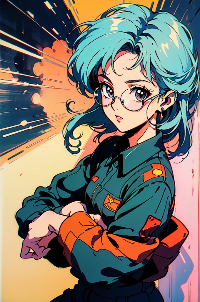 (80's, Retro, Poster:1.5), (masterpiece, 最high quality), (anime, figure), (pastel colour:1.4), Best Photo Poses, Dynamic Angle, high quality, High resolution, Attention to detail, Haruka is short, Shiny Hair, Sharp brown eyes behind glasses, calm attitude. She is often seen looking immaculate in her .。, Humble, above knees picture 80’s anime vintage style, White Background　Evangelion style