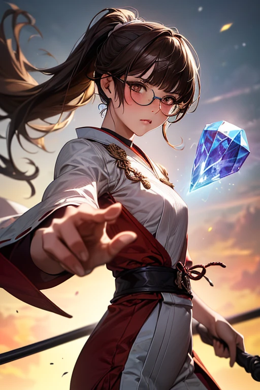 ((Ideal Anatomy:1.2,realistic:1.4,raw photo:1.4,masterpiece、top quality、Ultra - a high resolution、a high resolution、highly detailed computer graphics、8 K))),cowboy shot,1 woman,One、18-year-old beauty,Japanese,((Beautiful detailed face and eyes:1.3,gorgeous eyes:1.3,Brown eyes, Glasses)),Brown hair,long hair,straight hair,hair in ponytail,blunt bangs,blush,(medium breast,slender body,small head:1.2,),(Shiny skin:1.4,oily skin:1.5,Shiny skin)、((holding a staff with a crystal in the top in one hand、A detailed depiction of a staff with a crystal in the top)),(Cutting fighting pose:1.5)、Miko uniform、shrine、domesticated、Open、