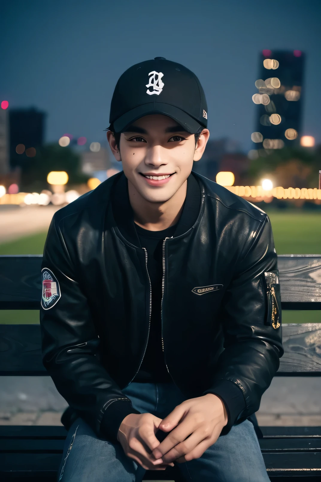 solo, looking at viewer, short hair, black hair, 1man Age 27 , hat, jacket, upper body, male focus, outdoors, parted lips, mole, blurry, black eyes, black jacket, blurry background, baseball cap smile,City park background. Twinkling lights full body HD Sit on a park bench 