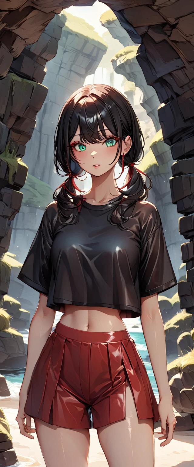 Photo of a woman with natural skin, ((Baby Face)), Small face, A woman wearing mainly black and red, Cowboy Shot, Seaside cave, The light is shining in, High Twintails, Black hair with red mesh, Sharp eyes with red eyeshadow, Blue-green eyes, Shining eyes, A thin, upturned nose, Well-shaped lips, ((crop top overhang, Short sleeve, Black and red outfit, Thighs, Glamour body)), Makeup, Exquisitely crafted with the utmost attention to detail, Vibrant, amazing, Smooth, Cinematic, 4K, Backlight, (()), Shallow depth of field, ((Detailed eyes:1.3, Detailed lips:1.3, high quality, )), masterpiece, Super detailed images, High quality