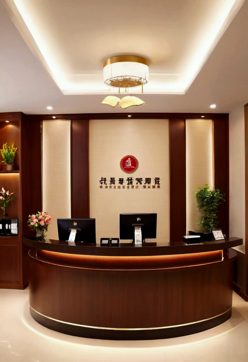 Business hotel front desk。Simple and modern design。On a wooden counter、Computers and phones are neatly arranged。Staff wear formal uniforms、Welcoming customers with a smile。The lobby has comfortable chairs and tables.、Business guests relaxing。The lighting is bright and functional.、Overall it is clean。