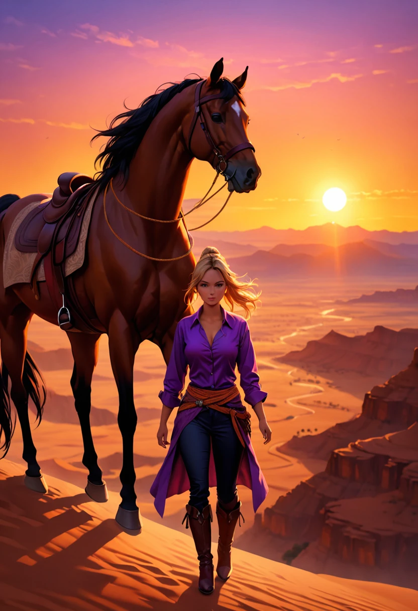 an oil painting of woman cowboy standing on the desert mountain at sunset, watching the desert canyon, an exquisite beautiful woman, most beautiful woman, blond hair, long hair, in a pony tail, ultra detailed face, best detailed face, wearing button shirt, dynamic color, small cleavage, wearing trousers, dynamic color, wearing high heeled boots, (silhouette art: 1.3), she has a (lasso: 1.3) sun set, sun rays, sky in shades of purple, red, orange and yellow. vibrant colors of sky, Hyperrealism style, vibrant, Ultra-high resolution, High Contrast, (masterpiece:1.5), highest quality, Best aesthetics), best details, best quality, highres, ultra wide angle, 16k, [ultra detailed], masterpiece, best quality, (extremely detailed) RAW, chumbasket art style, oil painting, silhouette
