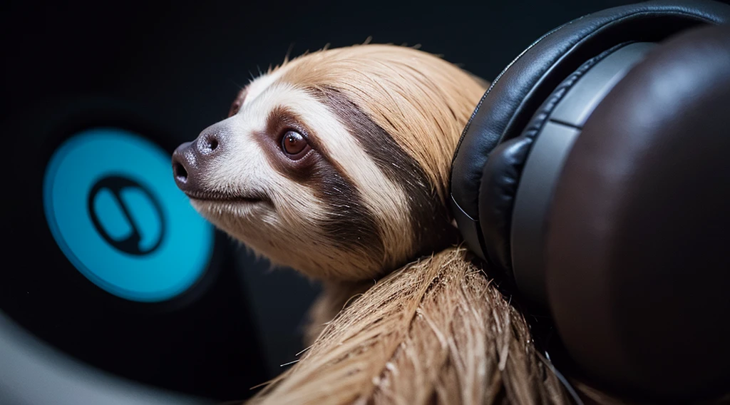 Sloth with headphones , App Icon, Ears are listening, No text, Sloth as DJ, round logo, Website Avatar, Solid background