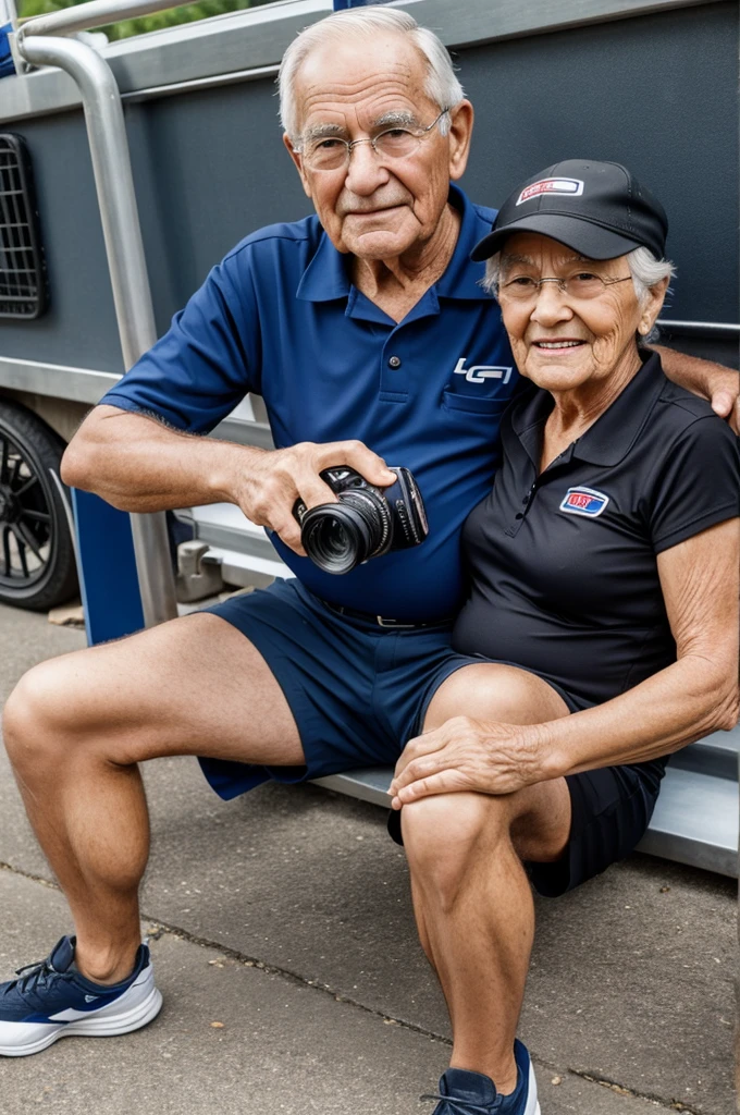 Old man taking a photo with his mani resting on a gridgirl&#39;s ass