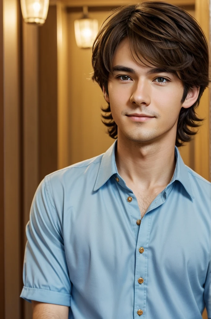 A person in anime style, that radiates warmth and kindness. He seems calm and collected, maybe even with a touch of mystery. His face has a soft smile and his eyes reflect great depth.. With dark brown hair with golden highlights and slightly messy.. He is wearing a light blue shirt with the top buttons undone..