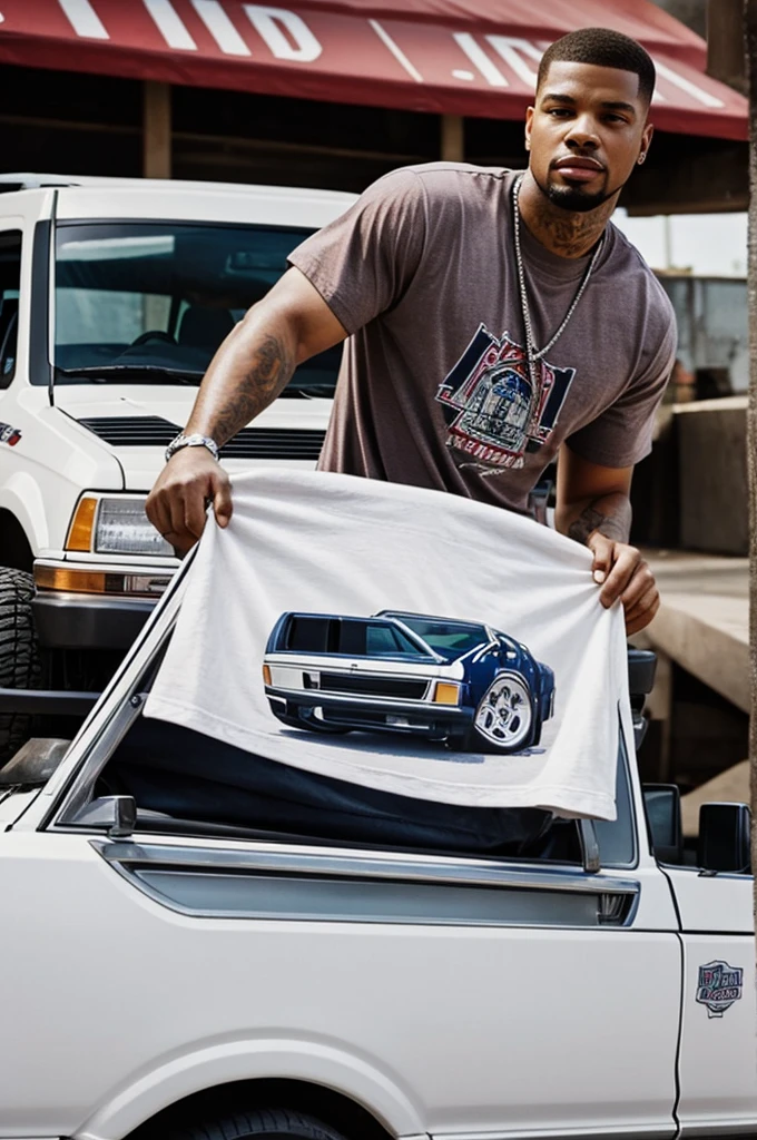 Put a 1993 white ford explorer on a t shirt that says "R.I.P.! GONE TOO SOON". have the tshirt worn by some sort of urban type people, like the cast to the Paul Wall "Still Tippin'" music video.