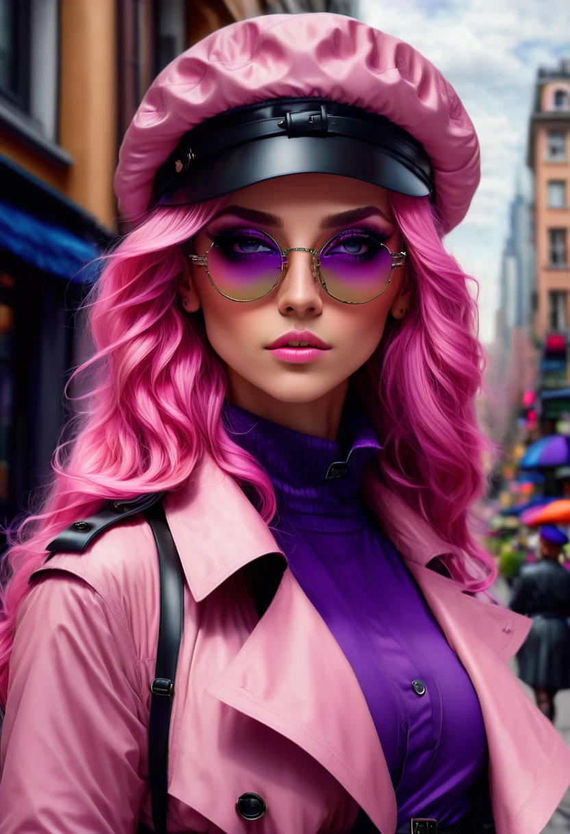 4k, ultra detailed, photorealistic, extremely detailed eyes, fashionable clothing, pink trenchcoat, french beret, black pants with belt, long hair, in the city, pink hair, purple eyes, yae miko, fashionable sunglasses